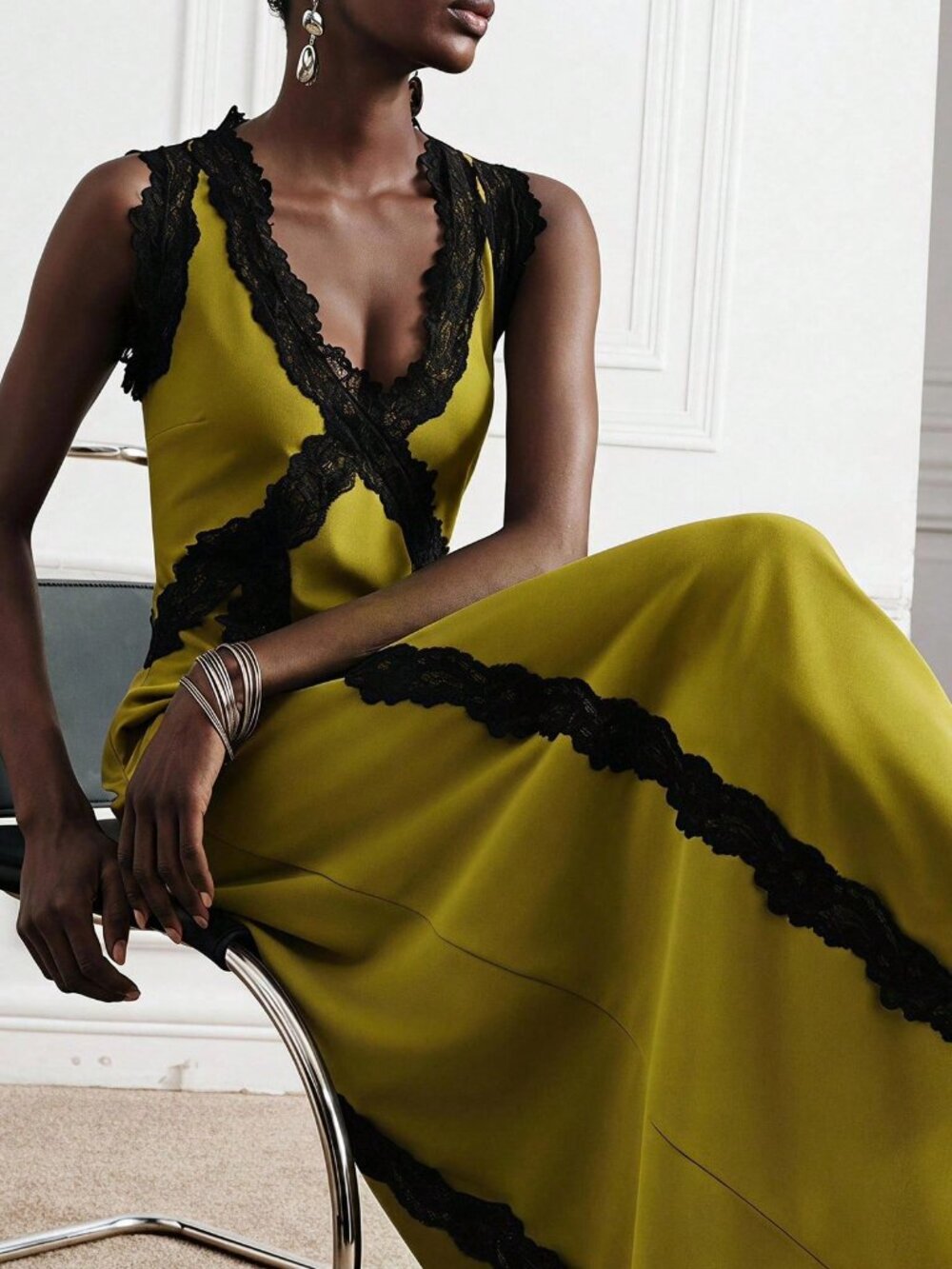 Mustard Yellow Elegant Women's Contrast Lace A-Line Maxi Dress